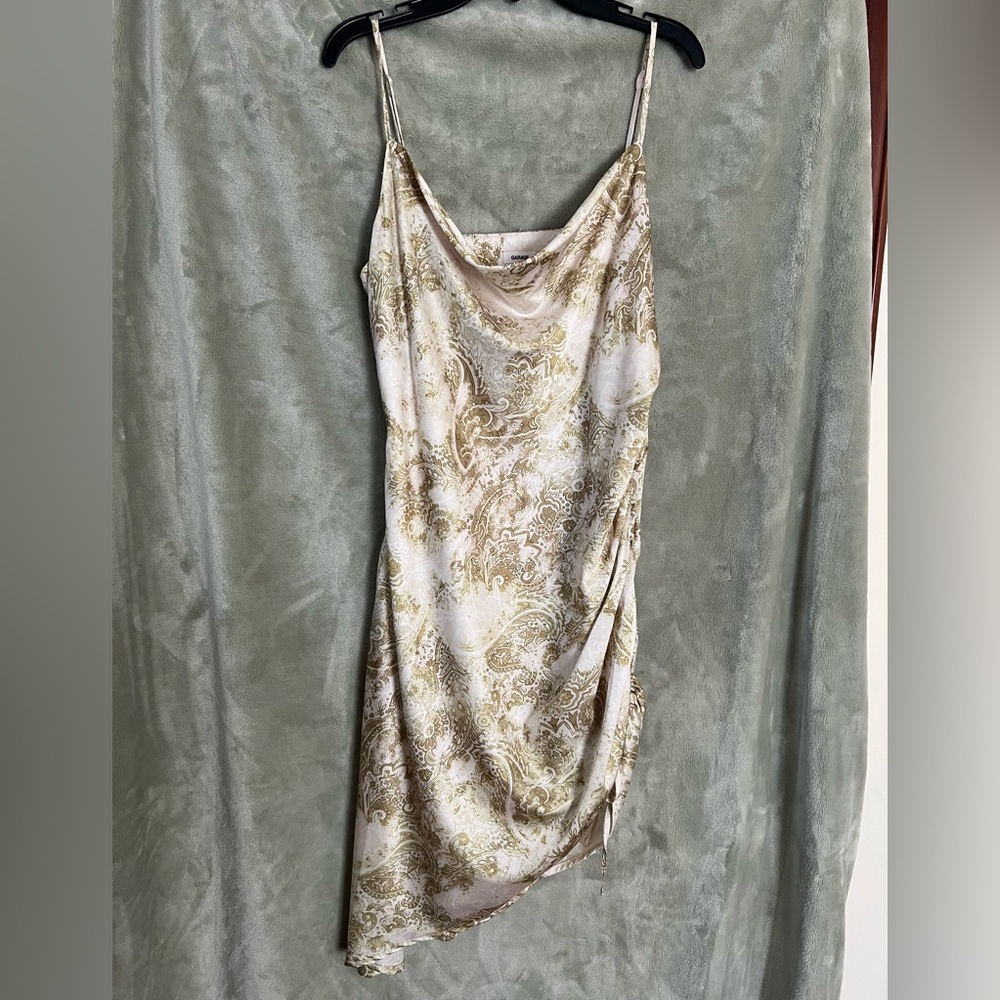 Green and white cowl neck mini dress